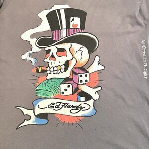 Ed Hardy Audigier Long Sleeve T-Shirt Skull Bones Mens Size XL Gray Vintage